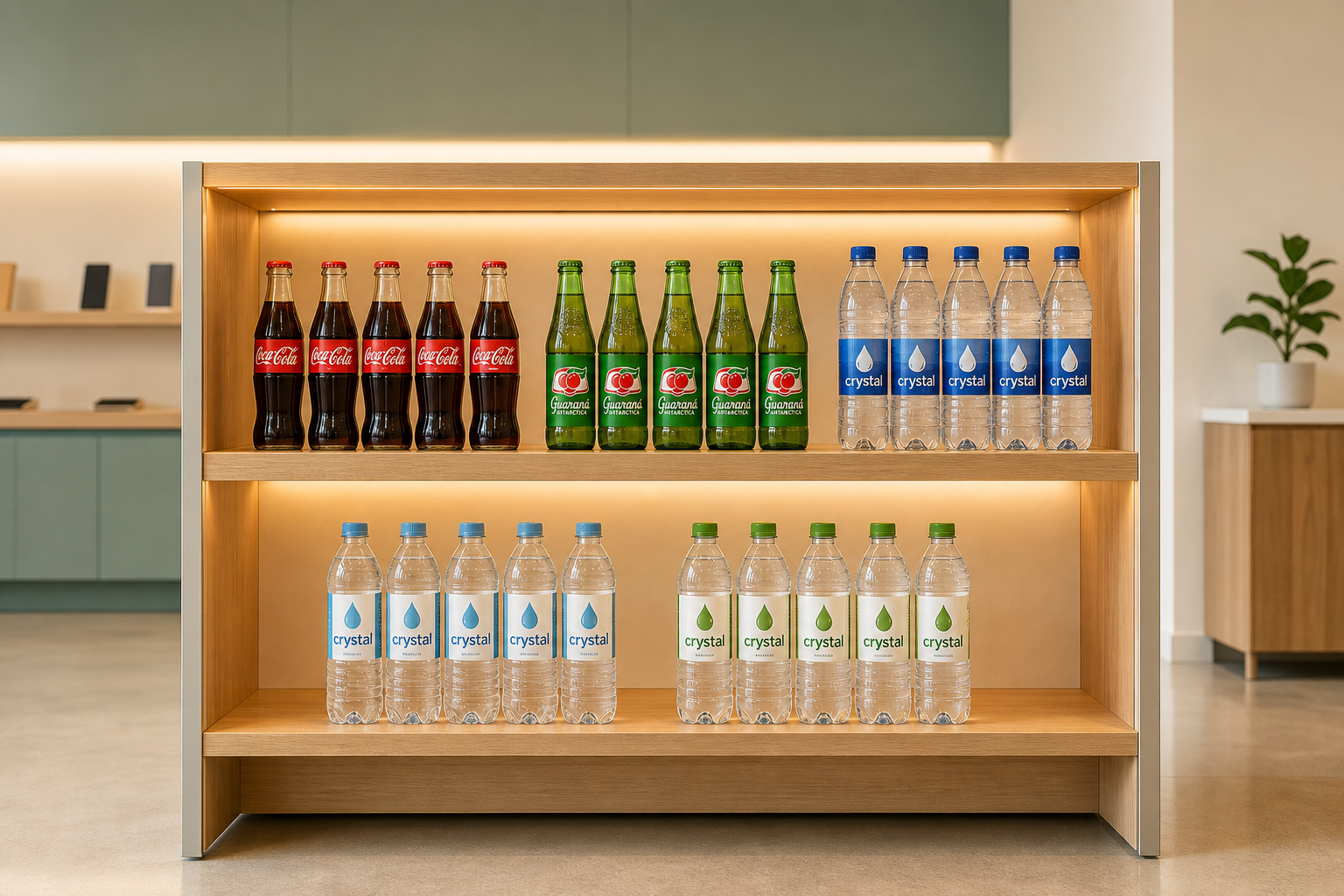 Bebidas geladas: Coca-Cola, Guaraná Antarctica e água Crystal organizadas em prateleira de madeira clara (imagem gerada)