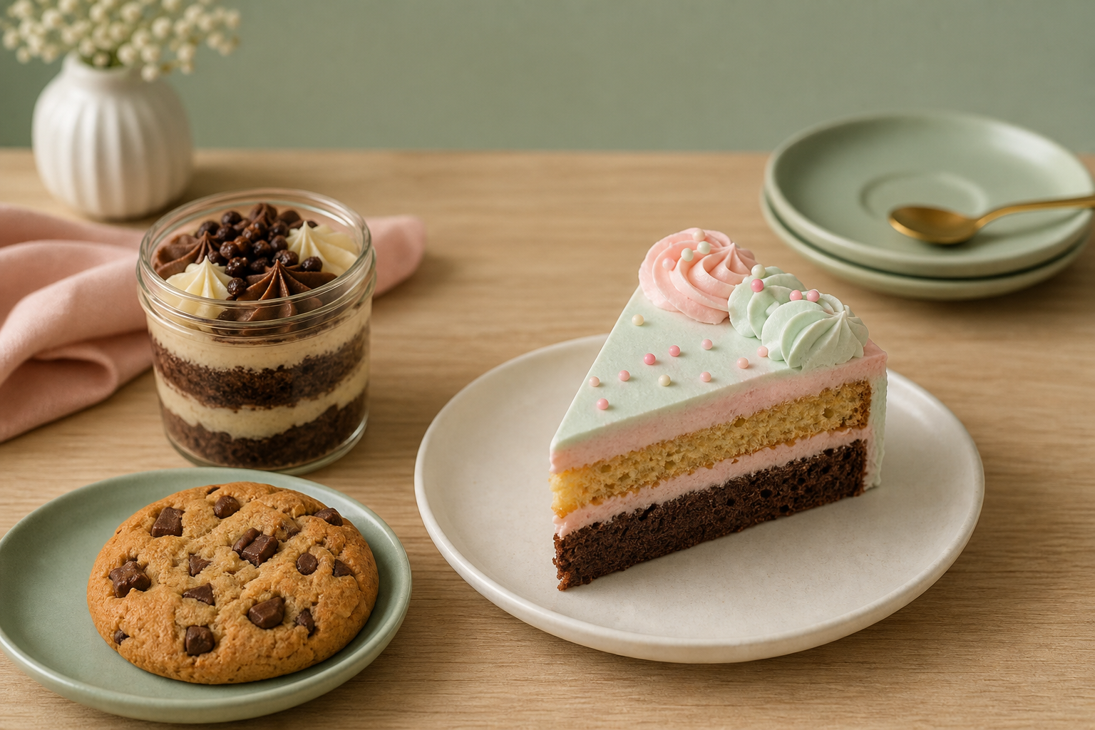 Doces: cookie, bolo de pote e fatia de bolo confeitado em apresentação elegante sobre madeira clara (imagem gerada)
