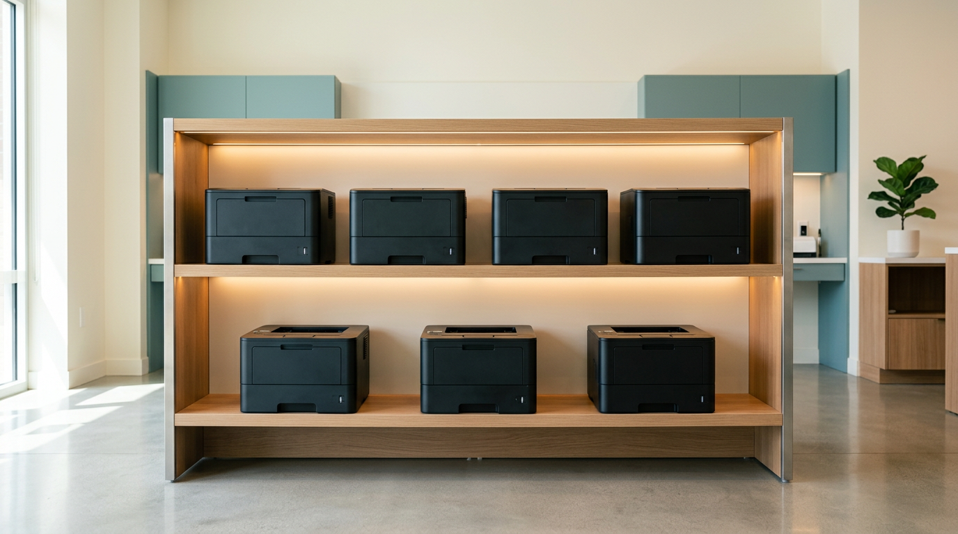 Loja copiadora e gráfica organizada: sete impressoras pretas em estante de dois andares, ambiente limpo e iluminado (imagem gerada)