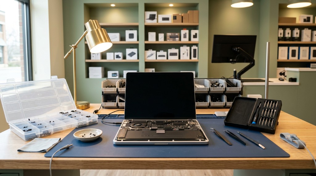 Bancada de informática com notebook em reparo, ferramentas e ambiente organizado (imagem gerada)